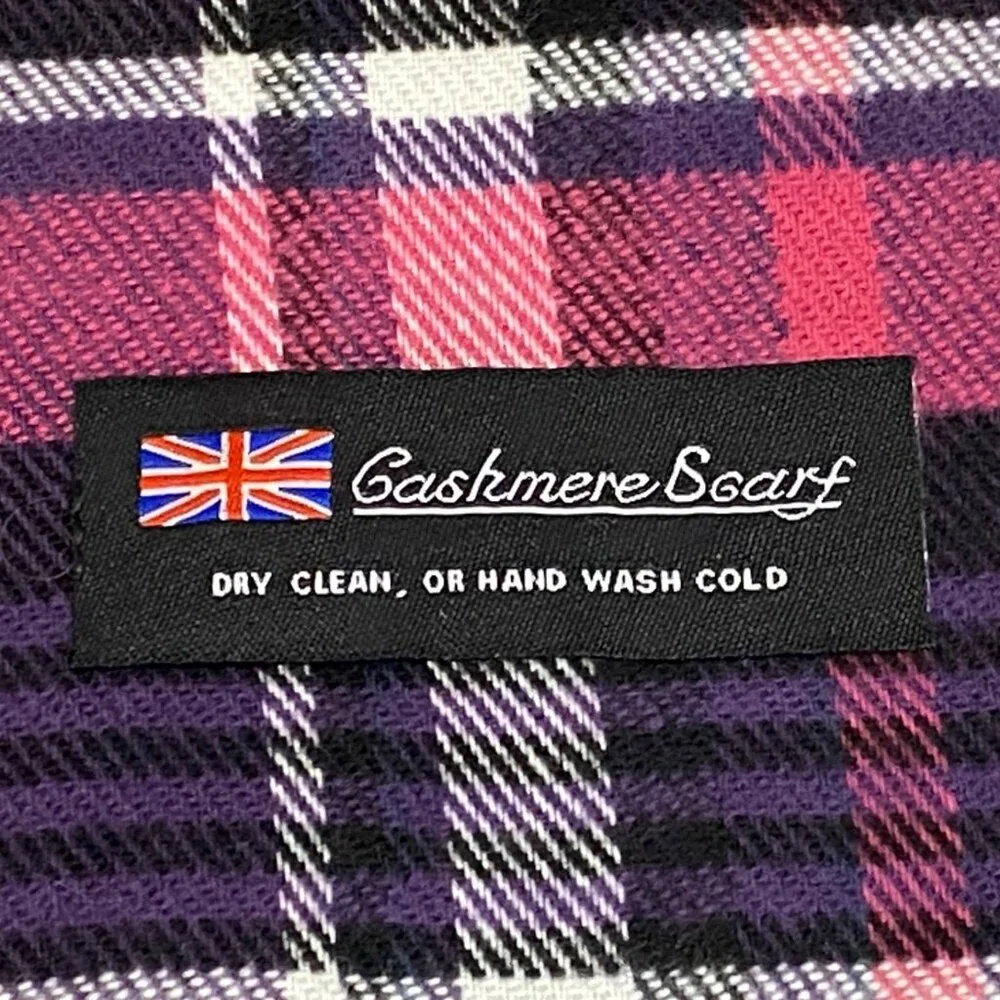 100% Cashmere Scarf Plaid Fringe Rectangular  Made In England Purple Pink